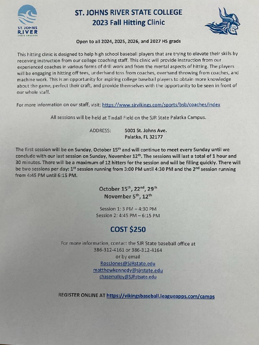 The Vikings coaching staff will be conducting our FALL HITTING CLINIC beginning Oct. 15th. Two sessions available to choose from. Only 12 hitters per session!!! Sign up now to secure your spot.