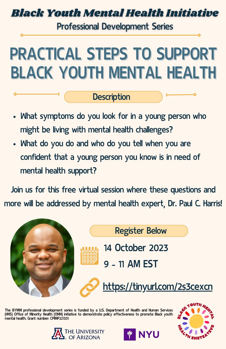 Dr. Lauren Mims 👩🏾🚀 (@drlaurenmims) on Twitter photo Please join us for the second free professional development session! Practical steps to support Black youth mental health with Dr. <a href="/paulharris917/">Paul C. Harris</a> !!
arizona.zoom.us/webinar/regist… Please join us for the second free professional development session! Practical steps to support Black youth mental health with Dr. <a href="/paulharris917/">Paul C. Harris</a> !!
arizona.zoom.us/webinar/regist…
