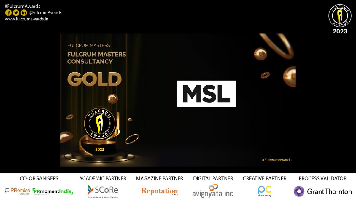 FulcrumAwards's tweet photo. The winner of Fulcrum Master GOLD in Consultancy is @mslgroup_india . Big Congratulations team MSL India 
 #FulcrumAwards https://t.co/V5EuqkdiDG
