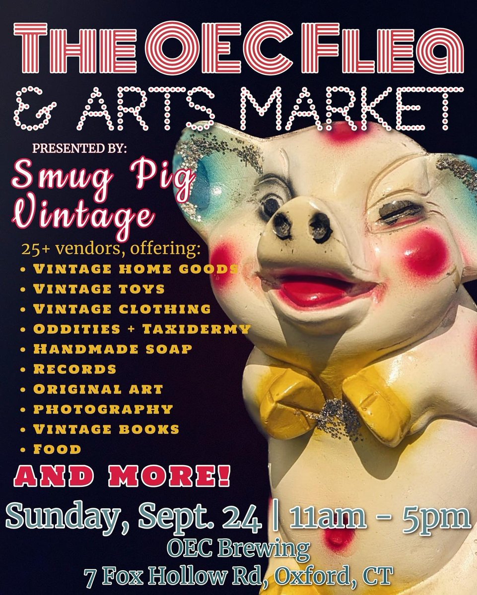 Fall is here and so is the Smug Pig Event! 🍁🐷 It'll be at OEC Brewing in Oxford, CT. Come and spend some time with us, while you pick up your wares for the fall season. See you all there! 🫶

#shopsmall #fallishere #spookyseason #vintage #thingstodoinct