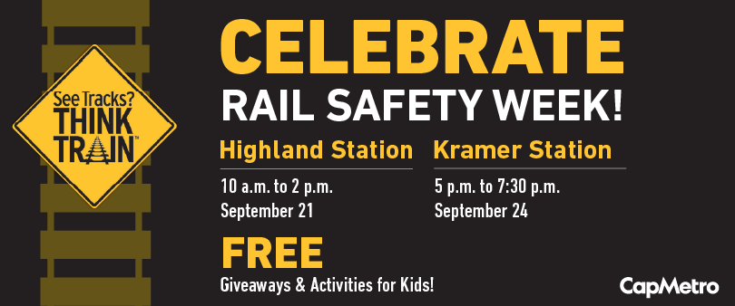 CapMetroATX's tweet image. Join us tomorrow at Kramer Station as we celebrate #RailSafetyWeek!

REMEMBER: Walking on the tracks is not only illegal; it’s also life-threatening to you and others.

#STOPTrackTragedies #SeeTracksThinkTrain 🚆