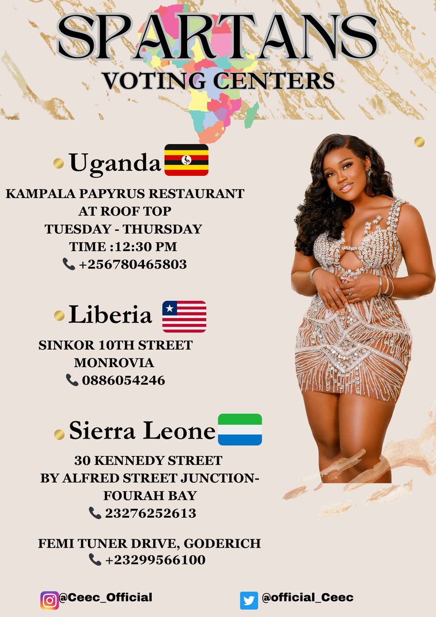 Official_CeeC's tweet photo. SPARTANS ⚔️In Africa ‼️‼️ 
NEXT WEEK IS WAR! And the only way we can win this battle is by voting Non-Stop from Sunday when the voting lines open till when it closes!!! 

Locate your voting centers below and come through for Ceec‼️ Let’s make this win happen‼️‼️

More voting centers coming soon!
THE 120M IS FOR CEEC 
SPARTANS FOR CEEC
#CeecX120M 
#BBNaija     
#bbnaijaAllstars