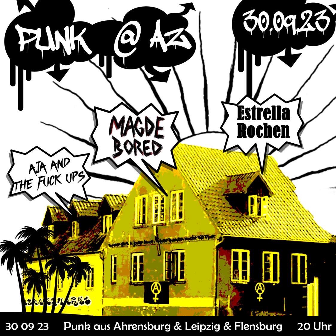AZHafermarkt's tweet photo. Punk @ AZ am 30.09.!

Freut euch auf 3x DIY-Punk im AZ Hafermarkt mit AJA and the Fuckups, Estrella Rochen und Magdebored!

Einlass: 20:00
Musik: 21:00 https://t.co/z4wZfj0IB8