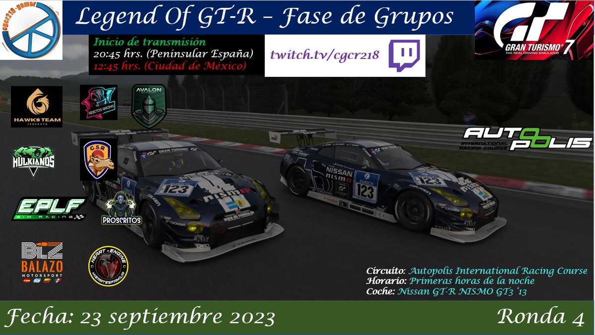 Llegamos al ecuador de la Fase de Grupos del #LegendOfGTR y con muchas ganas de ver a los 10 equipos en el trazado japonés de #Autopolis con el GT-R NISMO GT3, mucha emoción en pista nos esperan a partir de las 12:45 hrs. (CDMX)