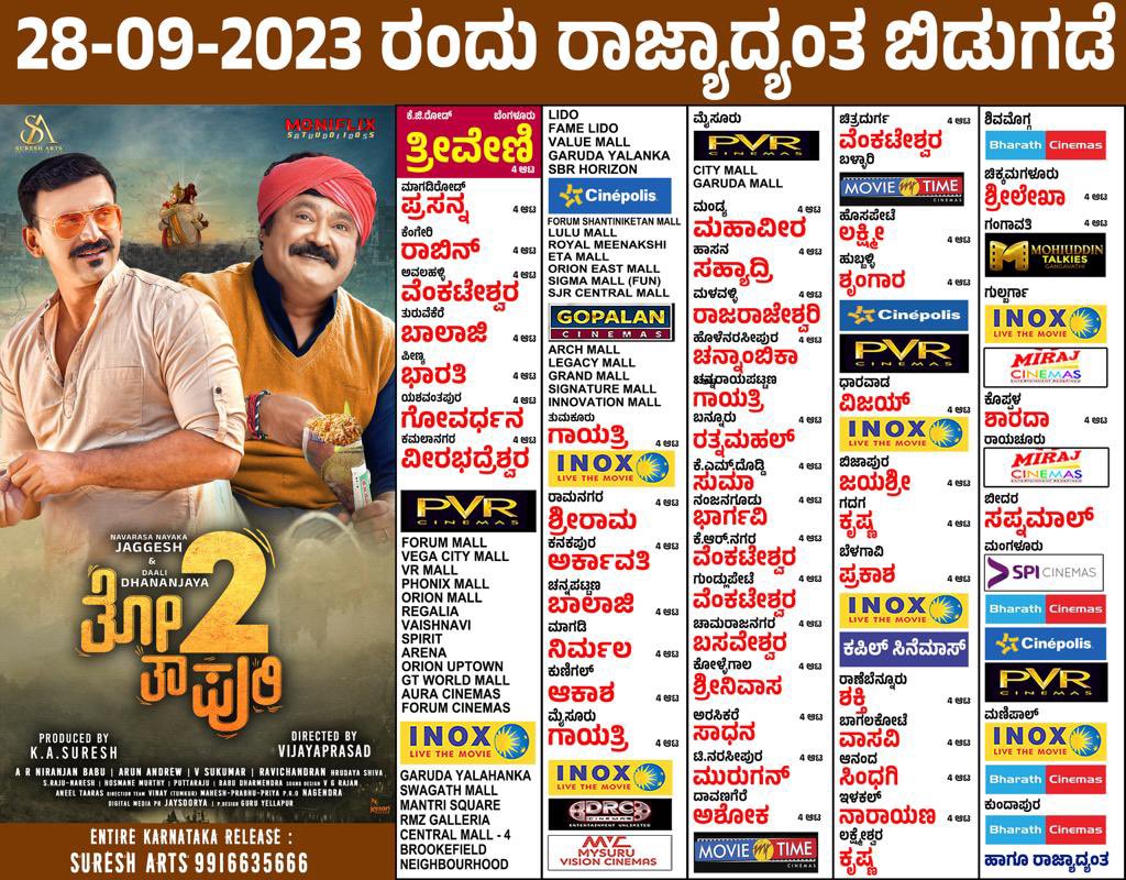 NamCinema's tweet photo. ನವರಸ ನಾಯಕ ಜಗ್ಗೇಶ್, ಡಾಲಿ ಧನಂಜಯ್ ಅಭಿನಯದ ಮುಂದಿನ ಗುರುವಾರ ತೆರೆ ಕಾಣುತ್ತಿರುವ “ತೋತಾಪುರಿ 2” ಚಿತ್ರದ ಪ್ರಮುಖ ಚಿತ್ರಮಂದಿರಗಳ ಪಟ್ಟಿ 😊
#ThothapuriChapter02TrailerOnSep18
#Thothapuri #thothapurichapter02
#KASuresh #Vijayaprasad #jaggesh #daalidhananjaya #sumanranganath #SureshArts @projaysoorya @Jaggesh2 @Dhananjayaka