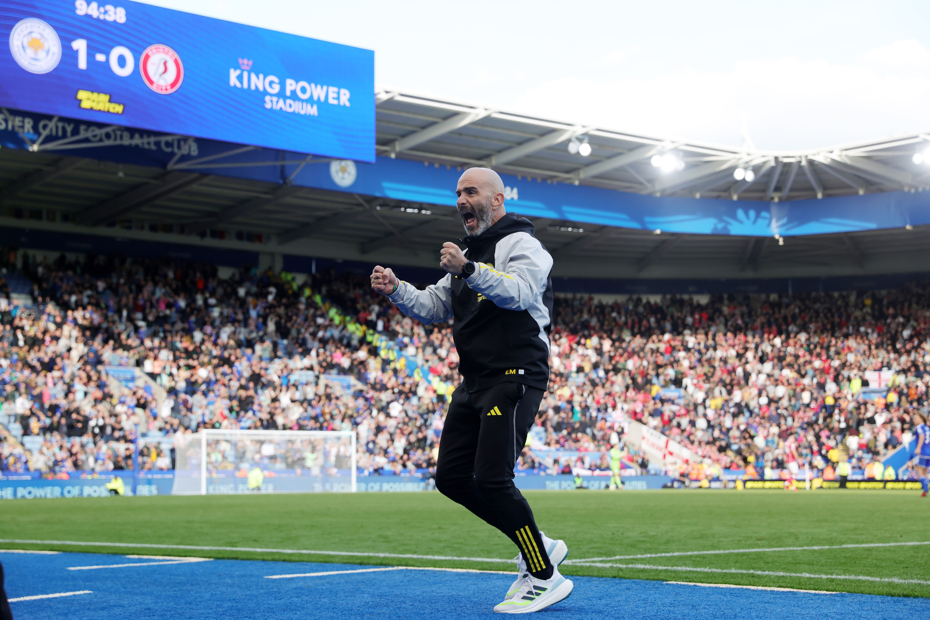 Enzo Maresca celebrates Leicester City's 1-0 win over Bristol City.