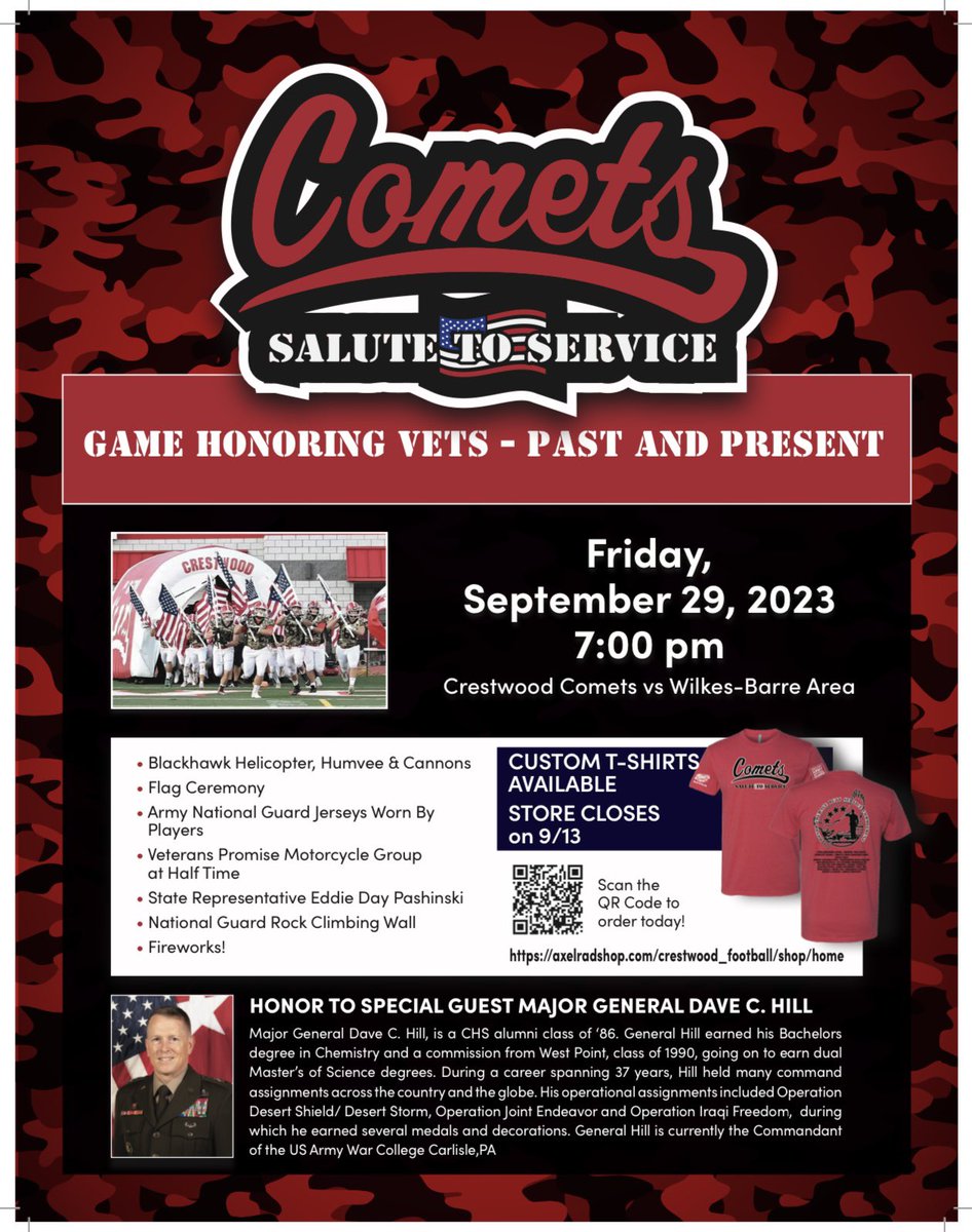 ***Mark your Calendars*** 
Our 3rd annual Salute to Service game is this Friday, September 29th against Wilkes-Barre Area! Come out Friday to not only cheer on your Comets, but also to honor our veterans from the past &amp; present! Go CCCOMETS! 🏈☄️🇺🇸 <a href="/ArcangeliCoach/">Ryan Arcangeli</a> <a href="/65bibs/">Martin Bibla</a>