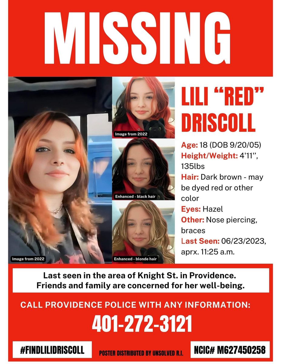 UnsolvedRI's tweet image. 🚨MISSING: Lili “Red” Driscoll - #Providence #RI. 18 y/o. L/S 6/23/23. Call @ProvidenceRIPD w/ any info. #FindLiliDriscoll #RT