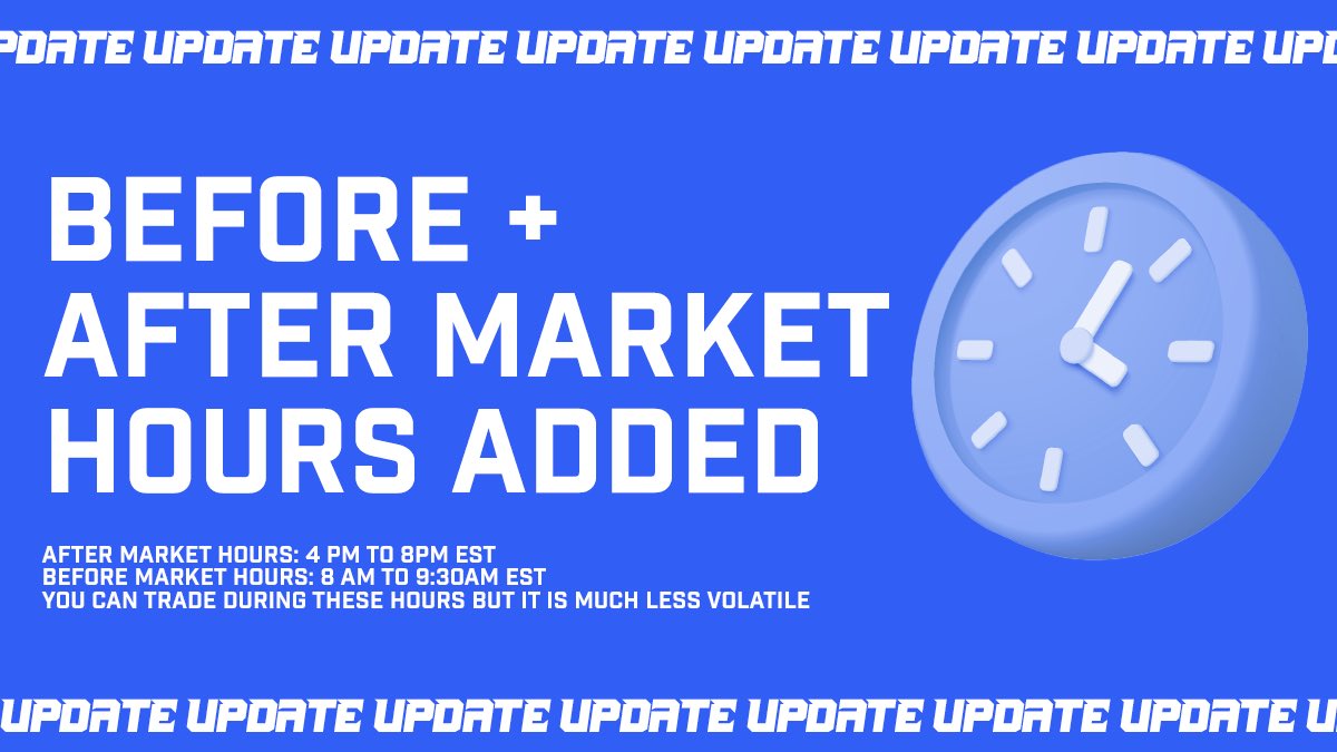 ERCStonks's tweet photo. $STONKS UPDATE 📈

Before &amp; After market hours added! 

After Market Hours: 4 PM to 8 PM EST 

Before Market Hours: 8AM to 9:30AM EST

LETS $STONK 📈📈📈 https://t.co/2jjYNDAc97
