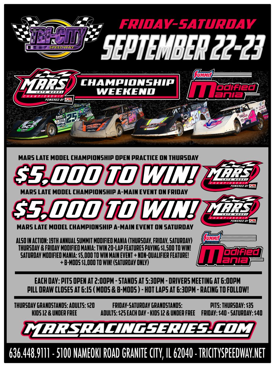 MARSDirtRacing's tweet photo. For the final time in 2023 it is RACE DAY for the MARS Late Model Championship Powered by @FKrodends! Join us tonight for Championship Night at Tri-City Speedway in conjunction with the 19th Annual Summit Racing Equipment Mod Mania.

We hope to see you at the track! https://t.co/x7IfPFOnRD