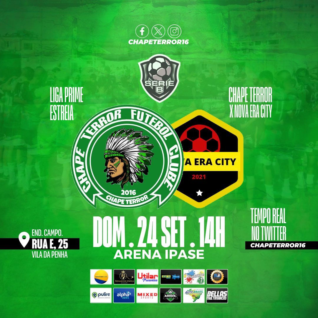 ALÔ, FAMÍLIA CHAPE! 💚💪🏻

Amanhã é nossa estreia na Liga Prime Série B. A Chape encara o Nova Era City, às 14h, no campo do Ipase. 

Contamos com seu apoio! Vai ter TEMPO REAL no Twitter. 

VAMO VAMO CHAPE 💚🤍🦇👊🏻