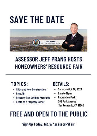 LACAssessor's tweet image. The Assessor's Office is excited to host our next Homeowners' Resource Fair on October 14 at the San Fernando City Recreation Park. Register here: bit.ly/AssessorRSFair