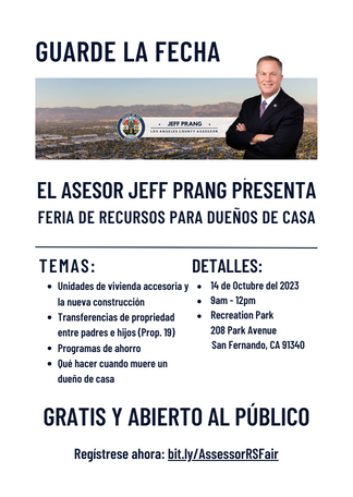 LACAssessor's tweet image. The Assessor's Office is excited to host our next Homeowners' Resource Fair on October 14 at the San Fernando City Recreation Park. Register here: bit.ly/AssessorRSFair