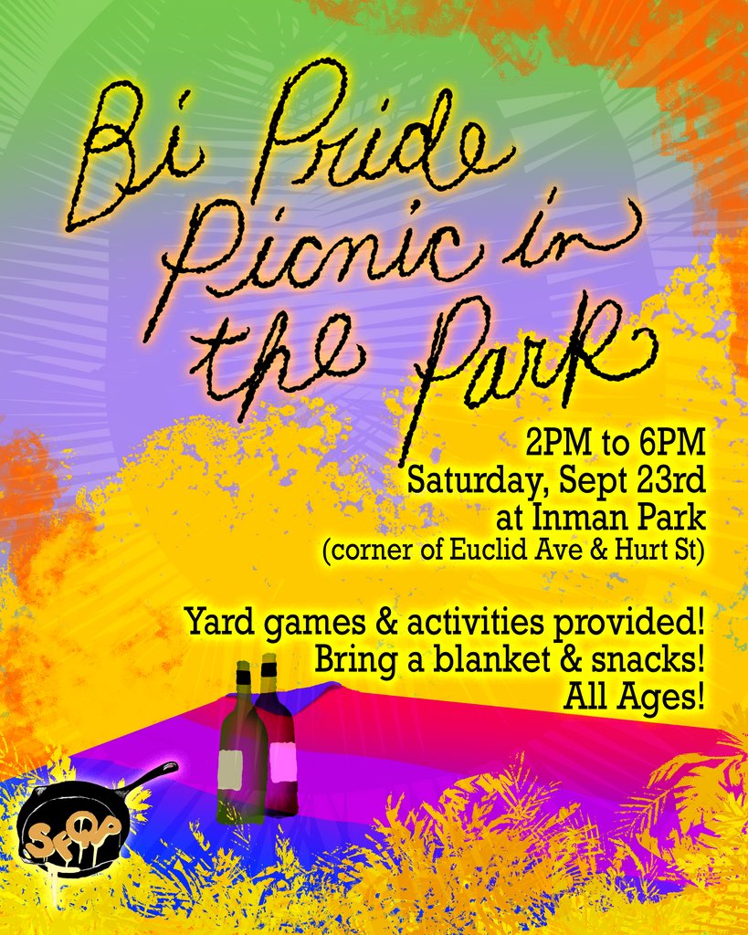 📣 TODAY! Come out to Bi Pride Picnic in the Park, from 2PM to 6PM at Inman Park at the corner of Euclid Ave &amp; Hurt St! Bring a blanket, snacks, and a friend for this hangout celebrating bisexual pride! We will have beverages &amp; yard games available!