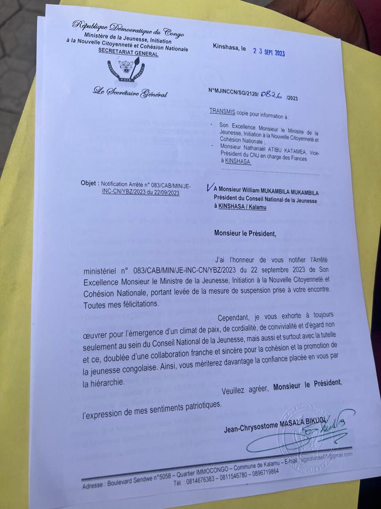 SMfute's tweet photo. Levée de la mesure de suspension du président du conseil national de la jeunesse, l'ambassadeur WILLIAM MUKAMBILA, par le ministre de la jeunesse, le Dr Yves Bunkulu Zola. ( Document) https://t.co/BnJ1nFCM8I