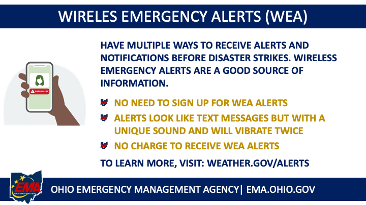 Wireless Emergency Alerts are automatic texts sent to you in an emergency; no sign-up required: ready.gov/alerts  #NPM23 #NationalPreparednessMonth23 #OhioEMA