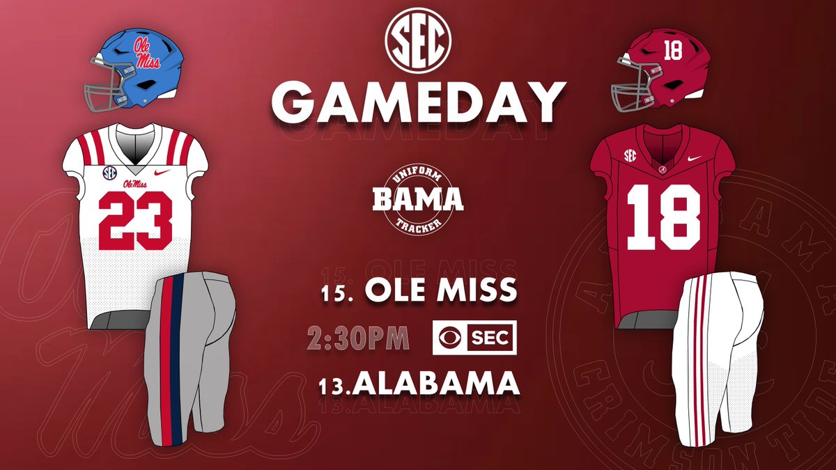 Uniform matchup for this afternoon's SEC opener between the 15th ranked Ole Miss Rebels and 13th ranked Crimson Tide.

#BamaUniTracker #RollTide