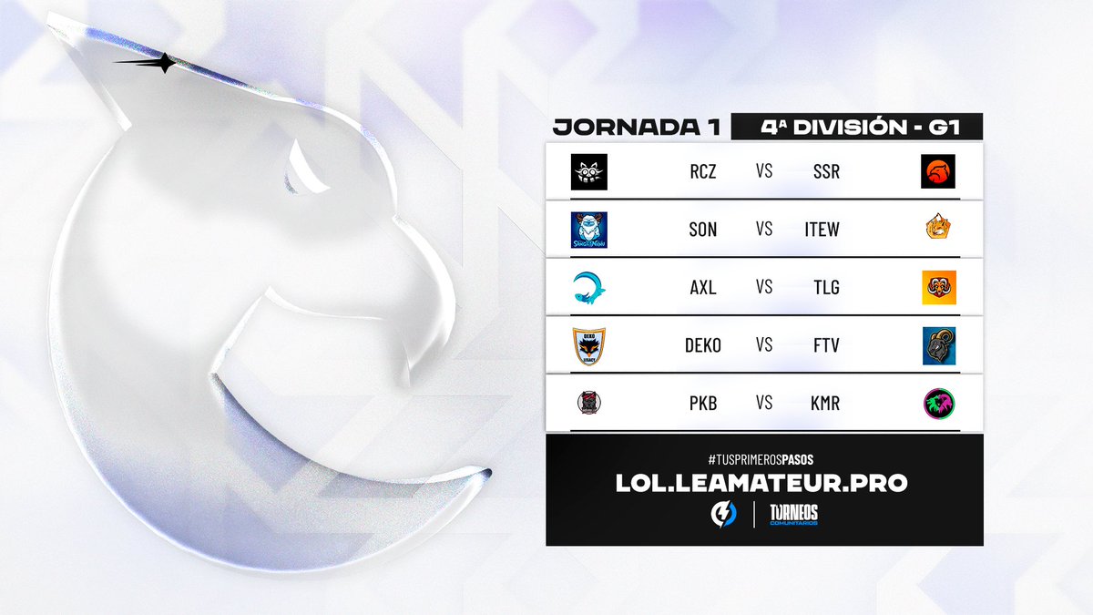 📅 Jornada 1

🏆 4ª División - Grupo 1

R'Coonz descansa
Songs of Nunu 🆚 <a href="/iTewEsports/">iTew</a> 
<a href="/esports_axolotl/">Axolotl Esports</a>  🆚 <a href="/TheWildGoat_/">The Wild Goat 🐐</a> 
Deko Legacy 🆚 <a href="/FtvCanarias/">FTVCanarias</a>
<a href="/Pickbulls/">PickBulls</a> 🆚 <a href="/Kimera_eSports/">Kimera eSports Klub</a>

#TusPrimerosPasos
lol.leamateur.pro