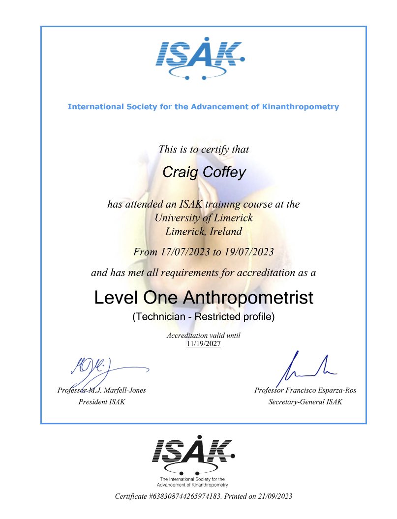 Delighted to work during the summer for my ISAK certification. A great hands on course and 20 profiles complete post course!