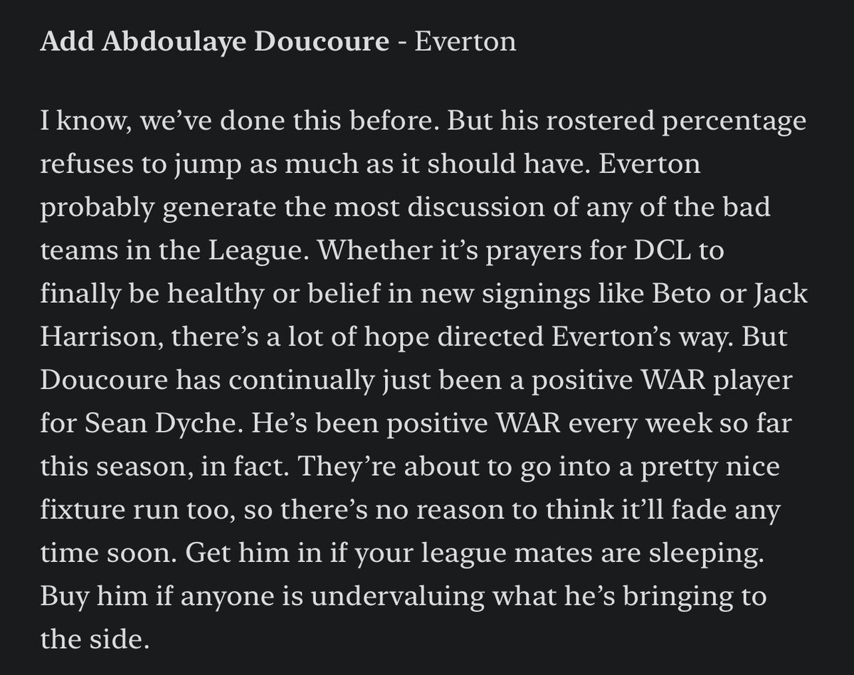 Doucoure’s featured in our subscriber transactions advice twice in 5 weeks. I imagine we aren’t going to need to cover him a third time after that start… 

#fantraxepl #draftpl