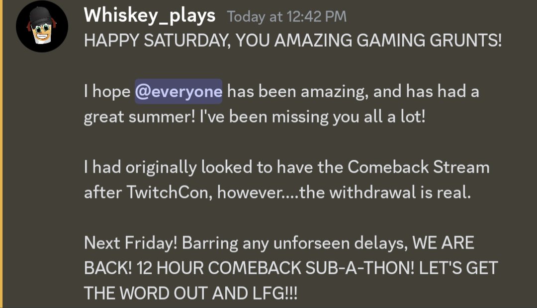 GAMING GRUNTS! NOT A TEST! NOT A DRILL!

**ANNOUNCEMENT**

12 HOUR COMEBACK SUB-A-THON next Friday at noon!

WE ARE BACK! LFG!

#gaming #gamer #streamer #twitchaffiliate #twitchstreamer #smallstreamer #SmallStreamersConnectRT