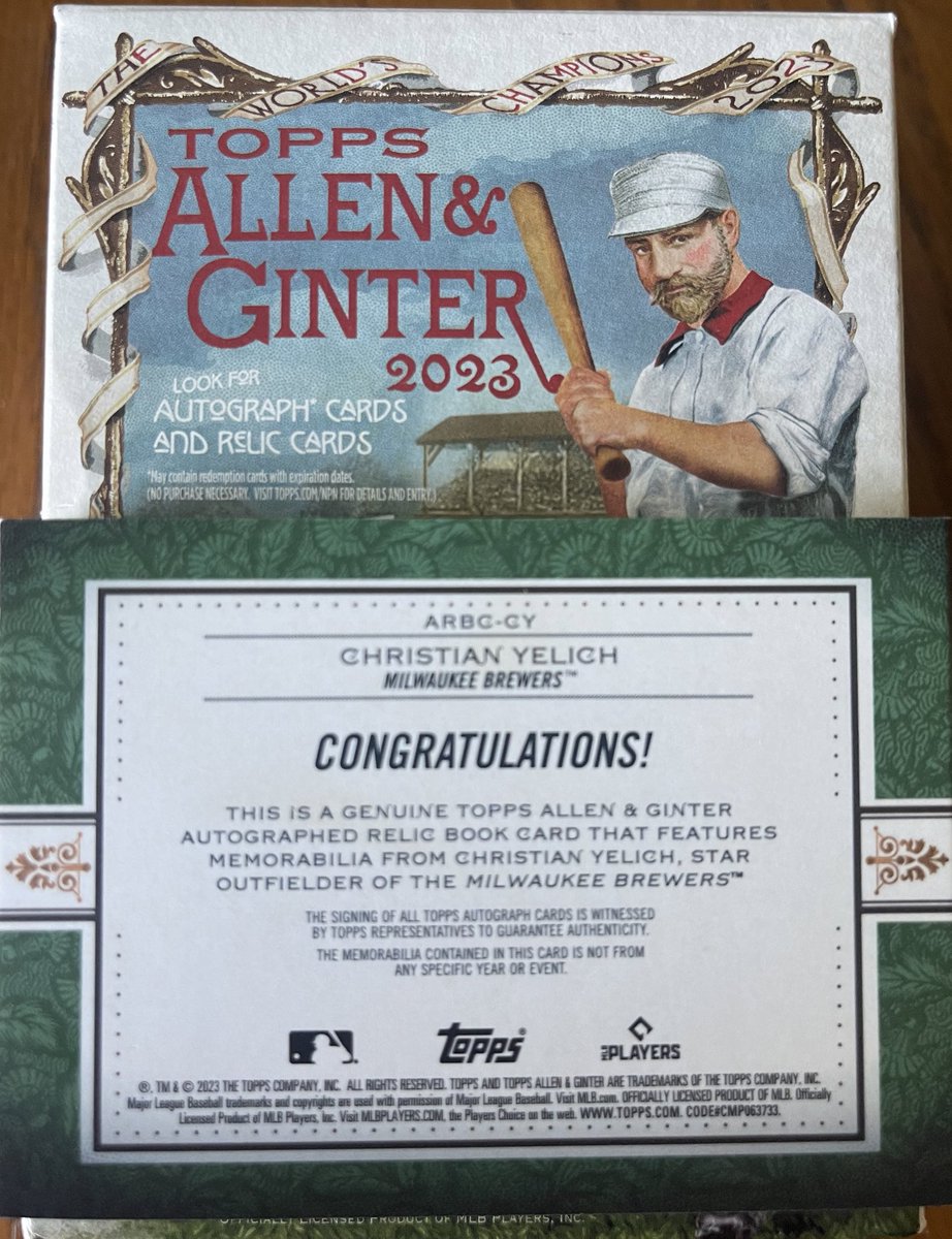 Scotszn's tweet image. In honor of his 2 Home Run game yesterday, look what I pulled from a Topps A&amp;amp;G Value box on drop day 🤪 Topps Allen and Ginter Auto Relic Book Card Christian Yelich 05/10. #Topps #AllenAndGinter #ChristianYelich