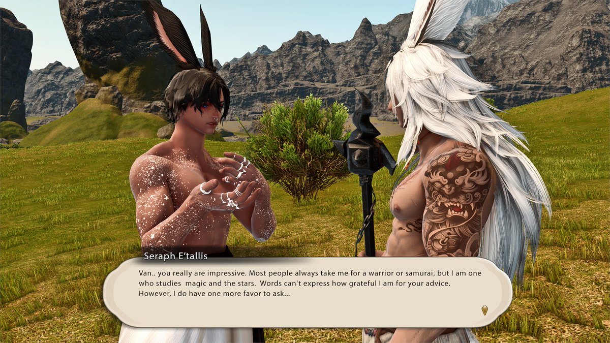 Seraph_Stargaze's tweet photo. One lost battle won't stray the Rava from the path he should take. With bright eyes and a strong soul, he'll continue to look for his own strengths. 
He thanks Van for his perspective, but not without a little comedy to break the tension.
(1/2)

@LionoftheSteppe
 #Viera |#FFXIVRP https://t.co/JRImG9a5qJ