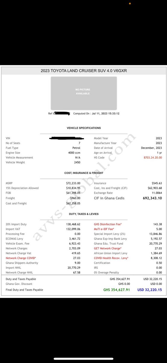 If you’re wondering why taxes, duties and levies at the port in Ghana are so high, we just took a real Customs Import Declaration Form for an imported 2023 Toyota Land Cruiser and did the computation by hand.

See our computation (by hand) on the left and compare with the actuals