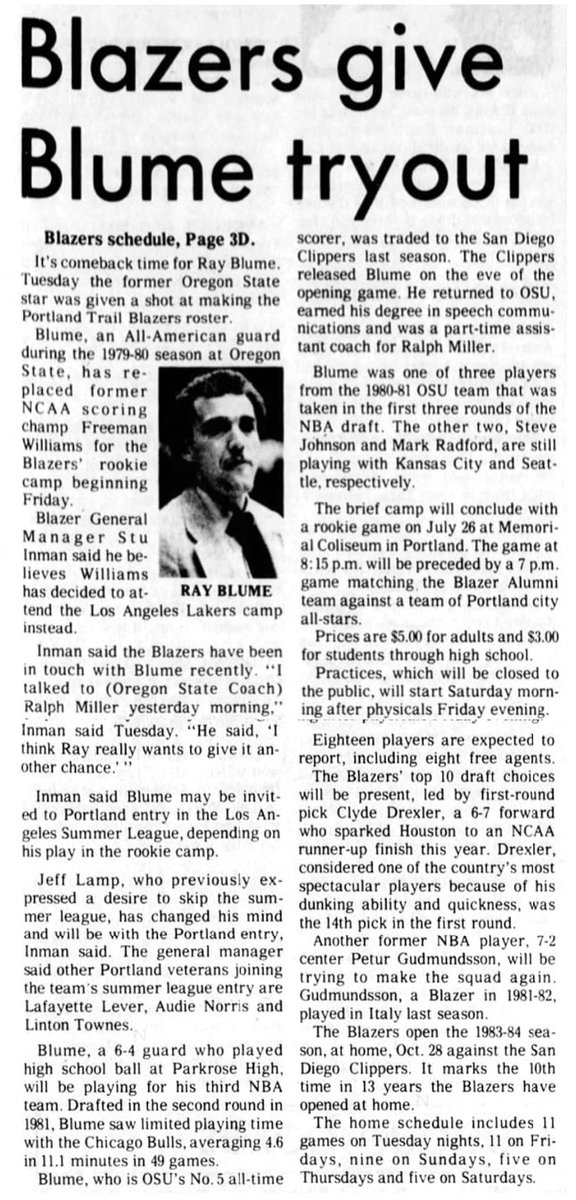 77Blazers's tweet photo. Sept 23 - HBD to former @BeaverMBB great #RayBlume
Blume was starting guard for #OrangeExpress team that went 26-2 in 1980/81. He was selected by @Pacers but played w/@chicagobulls in 81/82. He was invited to @trailblazers Rookie camp in 1983 but was cut during training camp https://t.co/m0XAhJ0uiE