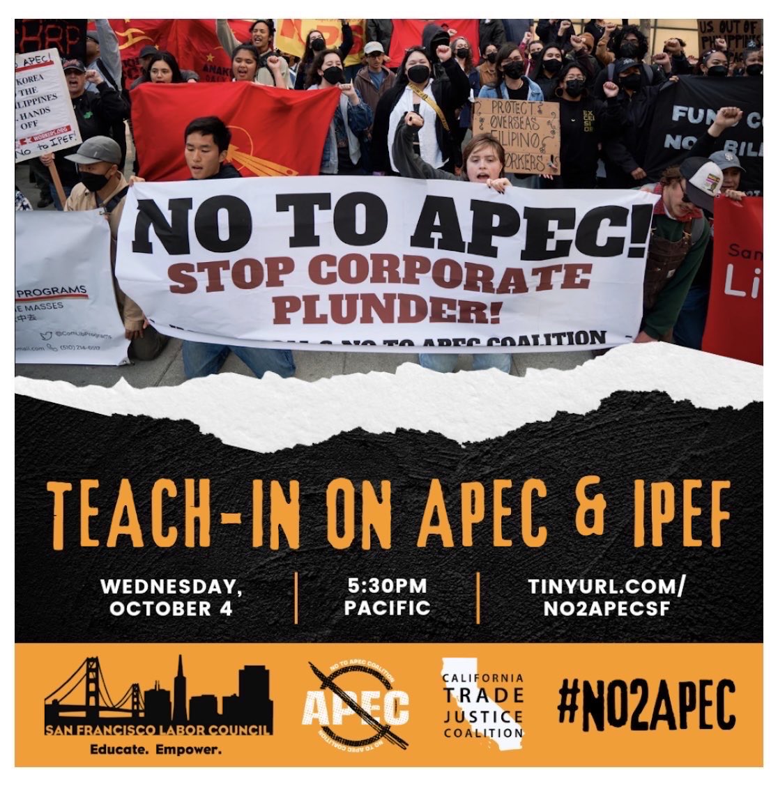 Teach-in on #APEC and Big Tech. 

Wed Oct 4 5:30pm PT

Register: tinyurl.com/no2apecsf

Learn about Big Tech’s role in attempting to influence trade policy to the detriment of workers in the United States and  the Global South and accelerate the race to the bottom.

#no2apec