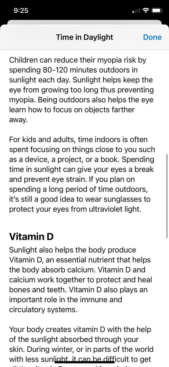 iOS measures "time in daylight" for myopia, though advice is strange. Myopia intervention studies adjust "time for recess". 120 minutes outdoors at school is not the same as 80-120 minutes total &amp; also the dose-response goes past 2hrs/day.
See ncbi.nlm.nih.gov/pmc/articles/P…