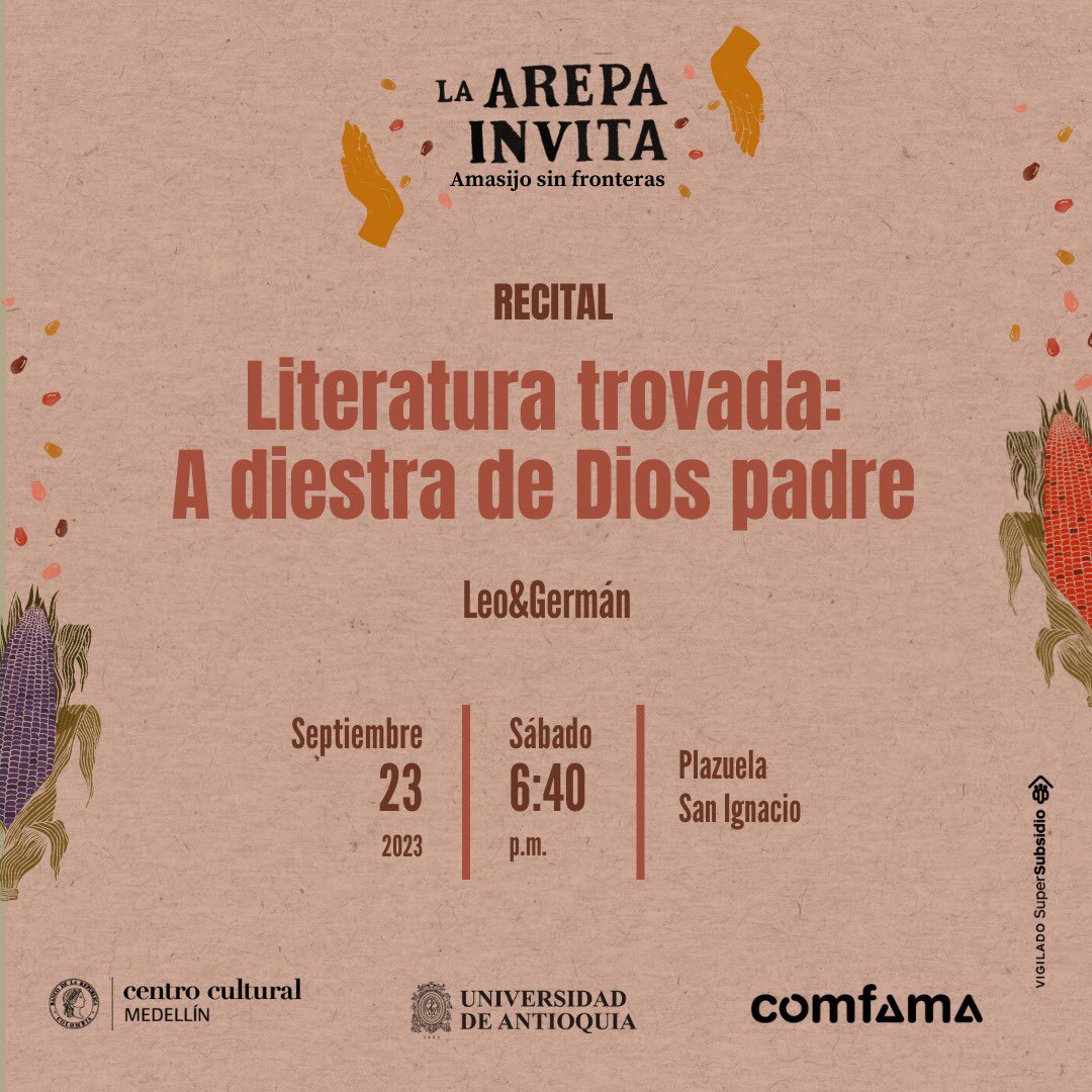 Germán Carvajal (@germancarvajal) on Twitter photo La trova es tan antioqueña como la arepa. Hoy en #LaArepaInvita <a href="/LeoyGermanHumor/">Leo&Germán</a> haremos nuestra versión improvisada de ‘A la diestra de Dios padre’ #LiteraturaTrovada La trova es tan antioqueña como la arepa. Hoy en #LaArepaInvita <a href="/LeoyGermanHumor/">Leo&Germán</a> haremos nuestra versión improvisada de ‘A la diestra de Dios padre’ #LiteraturaTrovada