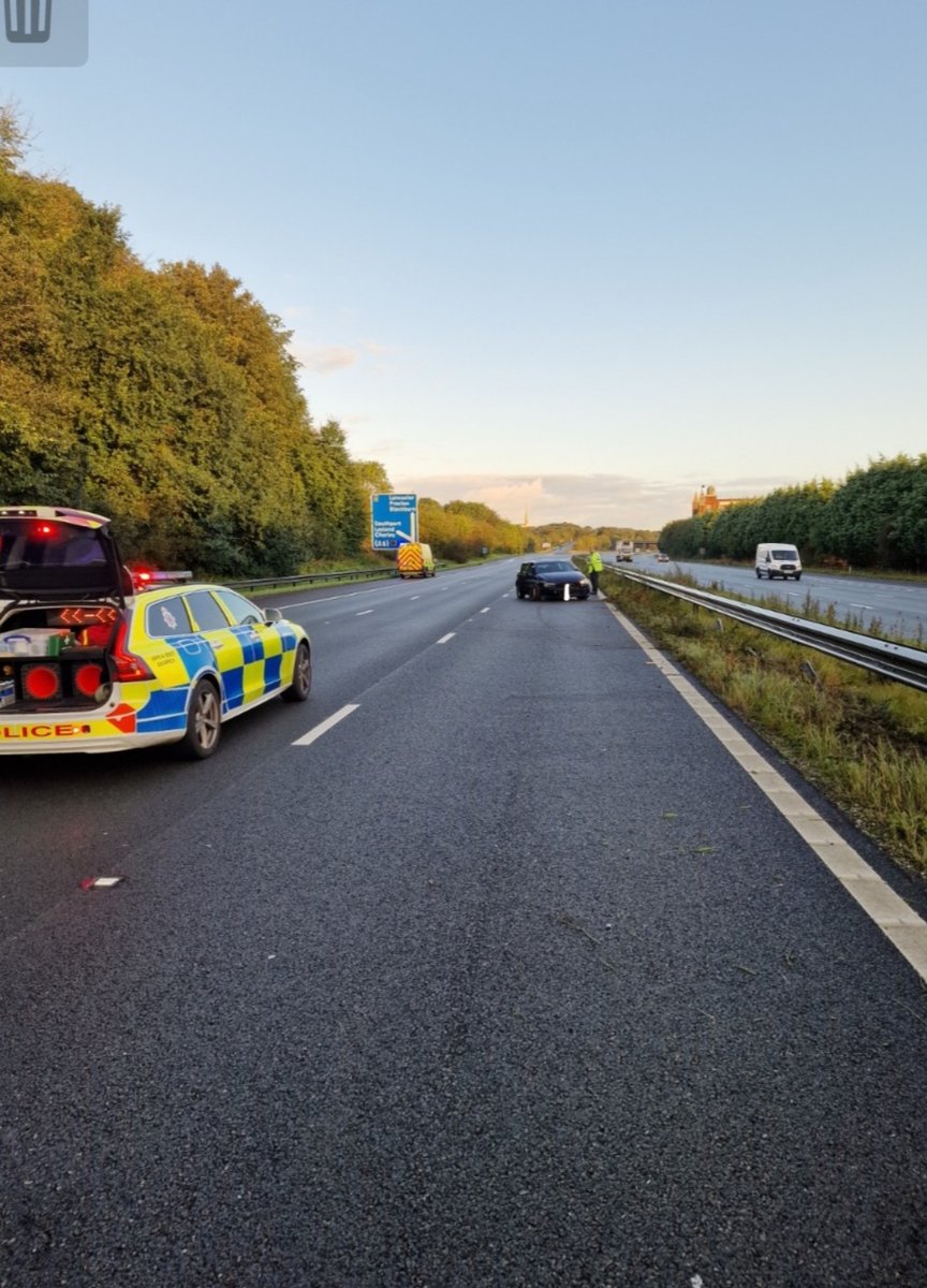 LancsRoadPolice's tweet photo. M61 closed this morning for about 30 minutes due to this drink driver crashing into Lane 3.  They thought they were OK to drive the morning after but were still over the limit.   #T2RPU #DontDrinkDrive #Fatal5 https://t.co/Qds8q5sgi1