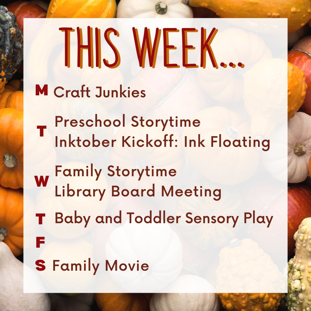 Check out next week's programs!
Monday: Craft Junkies
Tuesday: Preschool Storytime, Ink Floating
Wednesday: Family Storytime, Library Board Meeting
Thursday: Sensory Play
Saturday: Family Movie
Registration required for all programs unless noted.
ow.ly/GTwB50NeNqv