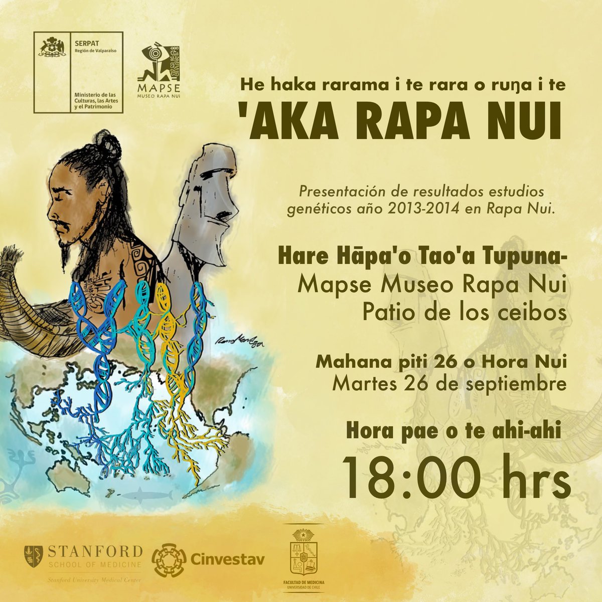 MuseoRapaNui's tweet photo. ¡Emocionados por anunciar que @morestrada del @cinvestav y @alexGioannidis de @Stanford compartirán resultados de estudios en Rapa Nui! Investigación genética en la isla, un enigma resuelto. Detalles del evento: 26 de septiembre, 18:00 hrs, Museo Rapa Nui. https://t.co/njHQnLa5i6