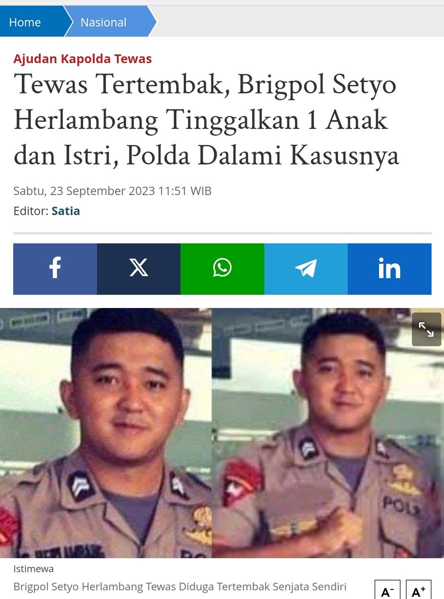ALAM_CORE's tweet image. Brigadir Polisi Setyo Herlambang tewas mengenaskan di dalam rumah dinas, diduga tertembak senjata api miliknya sendiri.

medan.tribunnews.com/2023/09/23/tew…