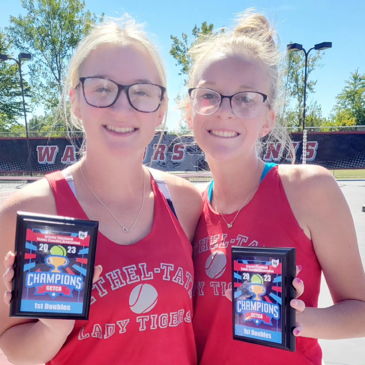 mwickline1's tweet photo. 2023 GCTCA 1st doubles Champs!  Always nice to add another ✔️ to the win column! 6-0, 6-0 against Middletown, 6-0, 6-1 against Goshen.  ❤️🐅🎾 #gctca @bethelTsports https://t.co/CGbACs38lL
