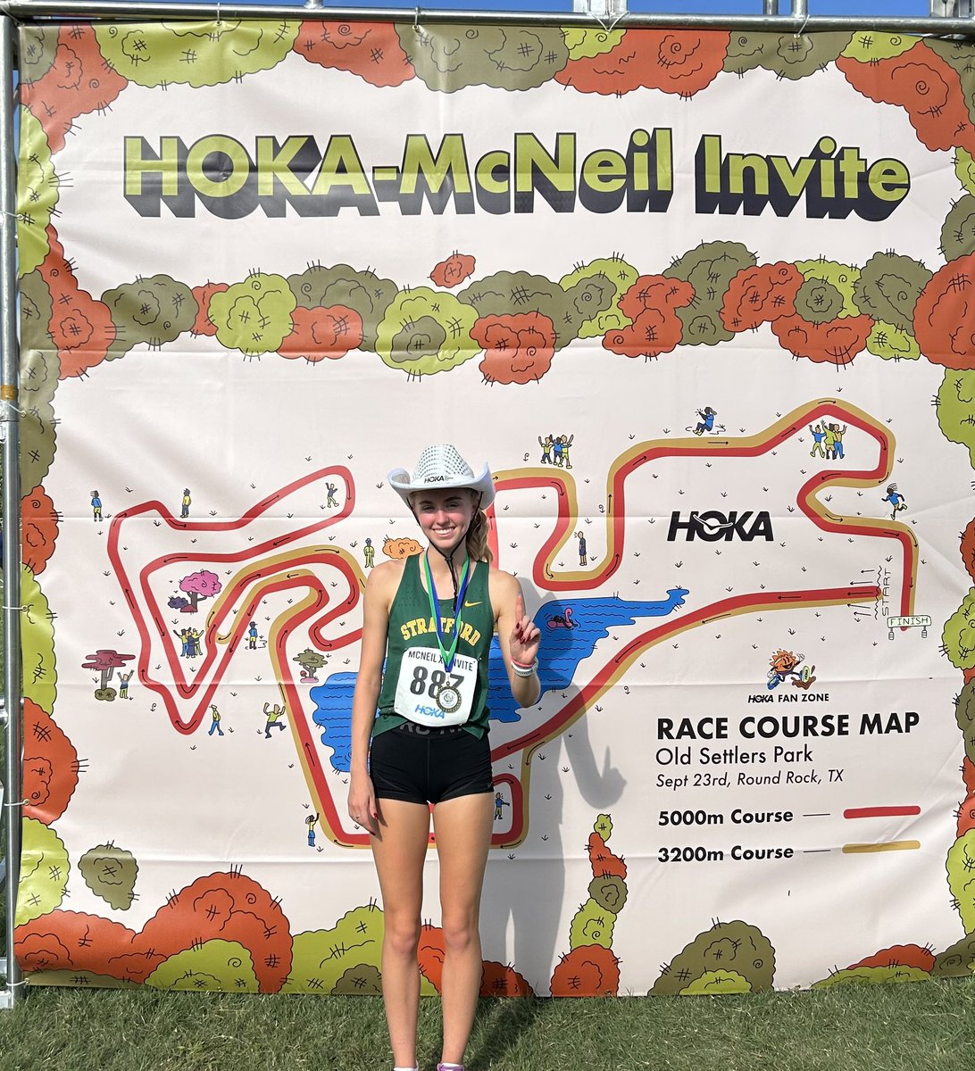 stratford_XC_TF's tweet photo. Niamh Collins is the CHAMPION of the Hoka-McNeil Invitational elite girls silver division.  She’s also the proud owner of a shiny new Hoka cowboy hat after earning the victory. Congratulations Niamh!

@SHS_BoosterClub 
@77079Athletics 
@sbisdathletics 
#hokamcneil https://t.co/2vMlQsO6gh