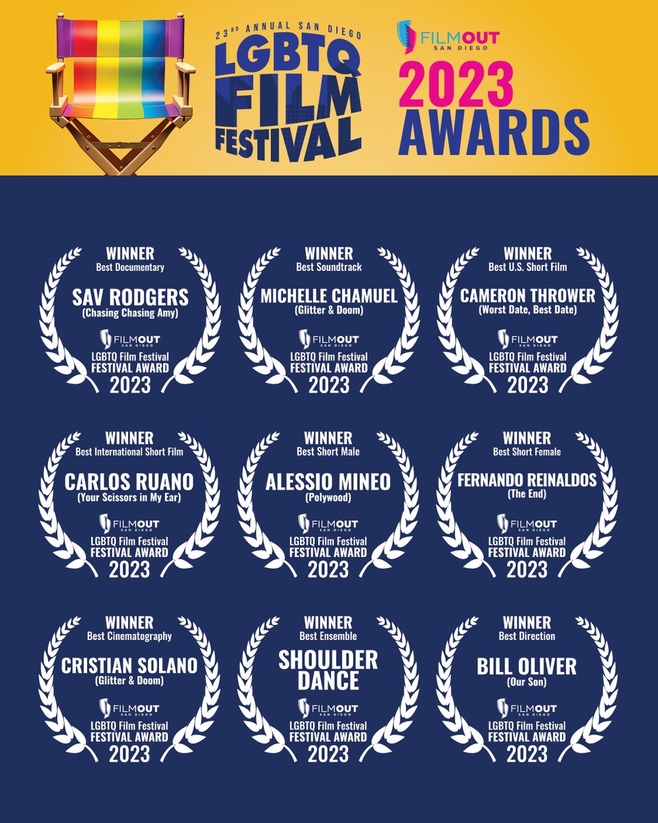 FilmOutSD's tweet photo. FilmOut San Diego's 23rd LGBTQ Film Festival was a huge success! Thank you to all of the filmmakers and talent that were part of our 23rd year! Here are the imdb award winners.
#imdb
#film
#lgbtq🌈
#lgbtqcinema
#queercinema
#indiecinema
#filmisart
#awards https://t.co/m2dshxegrB