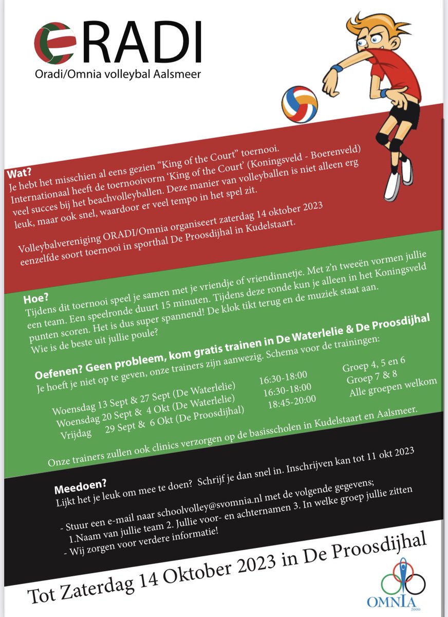 milcvi's tweet photo. @Nieuwe_Meerbode @Kudelstaart @AalsmeerVandaa 

GRATIS “KING OF THE COURT”-toernooi. Inschrijven kan via schoolvolley@svomnia.nl

Deelname aan een 2 tegen 2 volleybaltoernooi voor alle kinderen in groep 4 t/m groep 8. Zie de foto’s voor meer informatie. https://t.co/GFIhkMEPib