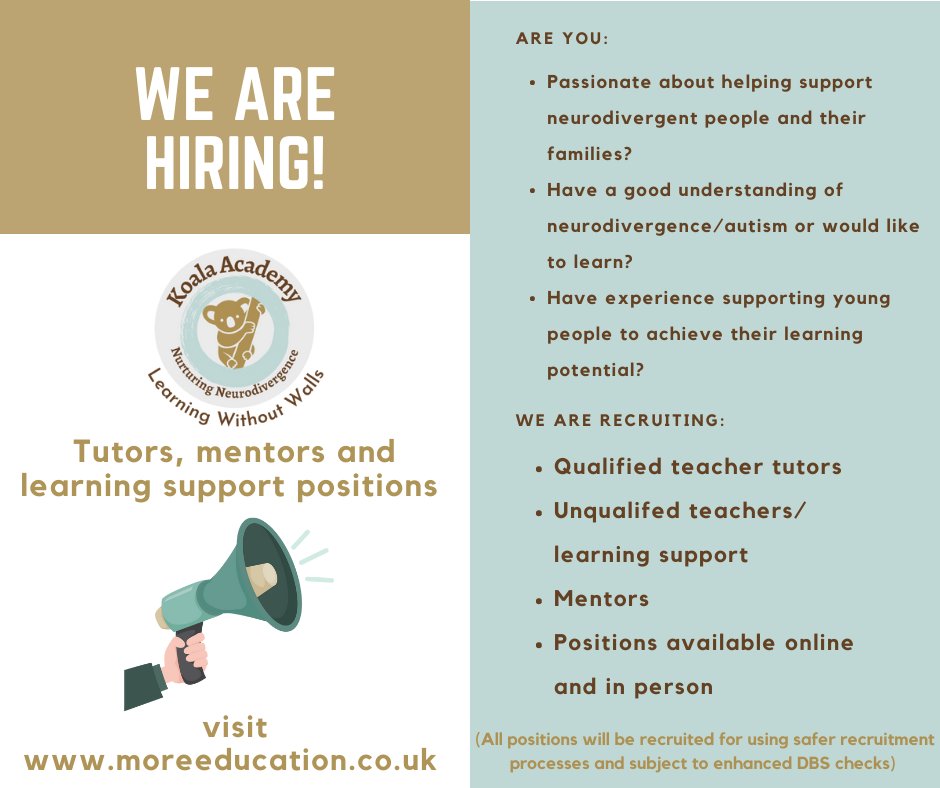 We're hiring across Hampshire and Wiltshire for Tutors, Mentors and Learning Support!

If you are looking to join an autistic-led, forward-thinking team, please get in touch.

Please share lnkd.in/eu-Sq6Gy

#SENDJobs
#Tutors
#edutwitter