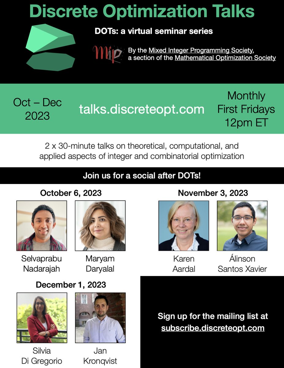 Announcing a new season of #DiscreteOptTalks, cohosted by @lyeskhalil and me, organized under the Mixed Integer Programming Society, a technical section of @math_opt. Join us Fri Oct 6 @ 12p ET with Selva Nadarajah and @m_daryalal; details on talks.discreteopt.com. #orms