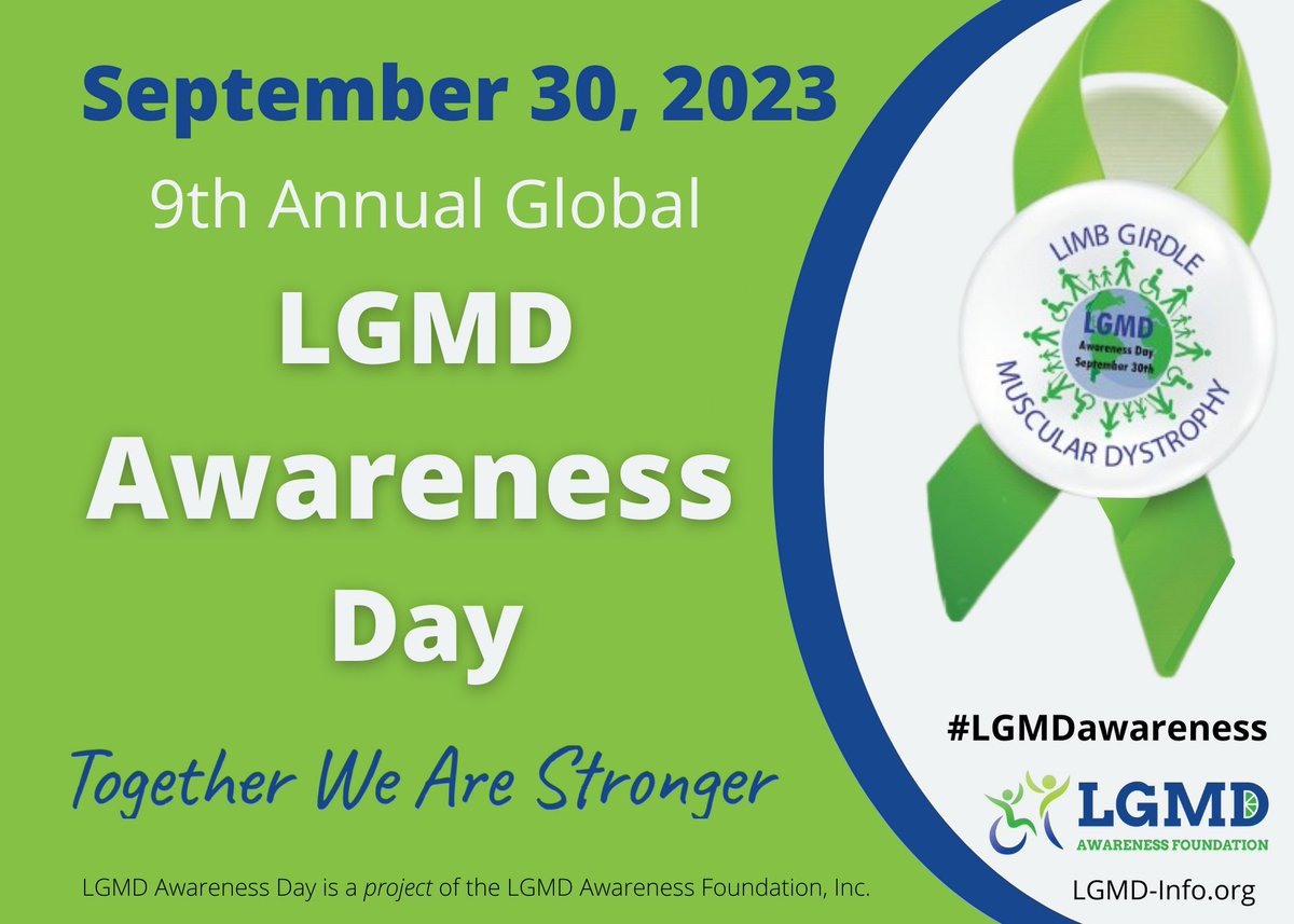 Only one week until the 9th annual LGMD Awareness Day will be celebrated worldwide on September 30, 2023.  

Are you ready? 💚 Learn more at LGMD-Info.org

#LgmdDay2023
#TogetherWeAreStronger
#LimeGreen4LGMD
#LGMDawareness