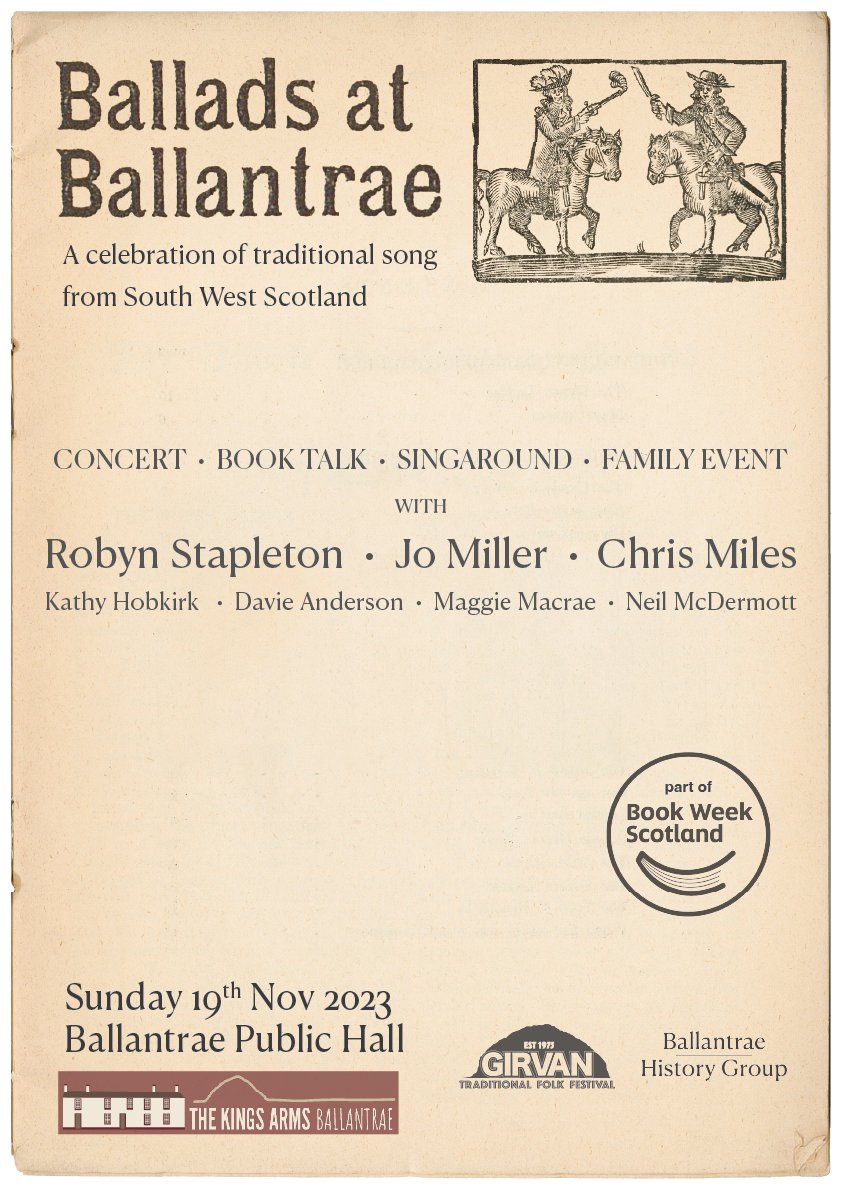 It's #ScottishFolkDay so what better time to announce 'Ballads at Ballantrae', a celebration of song from South West Scotland w. @RobynStapleton, @DavieAMusic & others plus a talk celebrating our @scottishbktrust funded songbook 'The Ballads & Songs of Carrick'. #EuropeanFolkDay