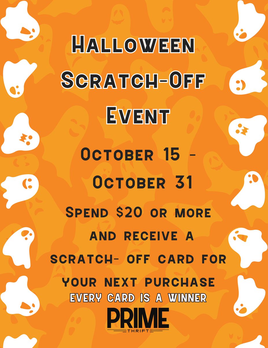 Ready for some SPOOKY SAVINGS?🎃👻

October 15 - October 31, when you spend $20 or more, you will receive a scratch-off card with BIG, SPOOKY savings. Every card is a winner! Shop now for the newest (to you) fall decor, clothing and more! 🍂🍁