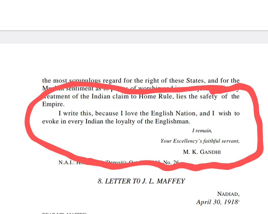 AnaghKarmarkar's tweet photo. @sameer_kasture @savarkarvaadi I wish to add something too 🙋‍♂️

Gandhi's letter to the Viceroy, on 29th April 1918 ( source - collected works) 
 
Gandhiji says - ' I love the English nation and I wish to evoke in every Indian the loyalty of the Englishman ' https://t.co/vN5R9vxYxP