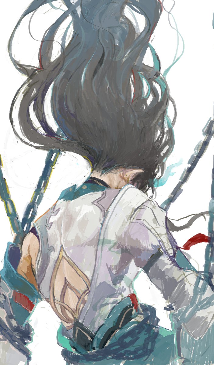 dusk (arknights) solo long hair chain black hair from behind white background 1boy  illustration images