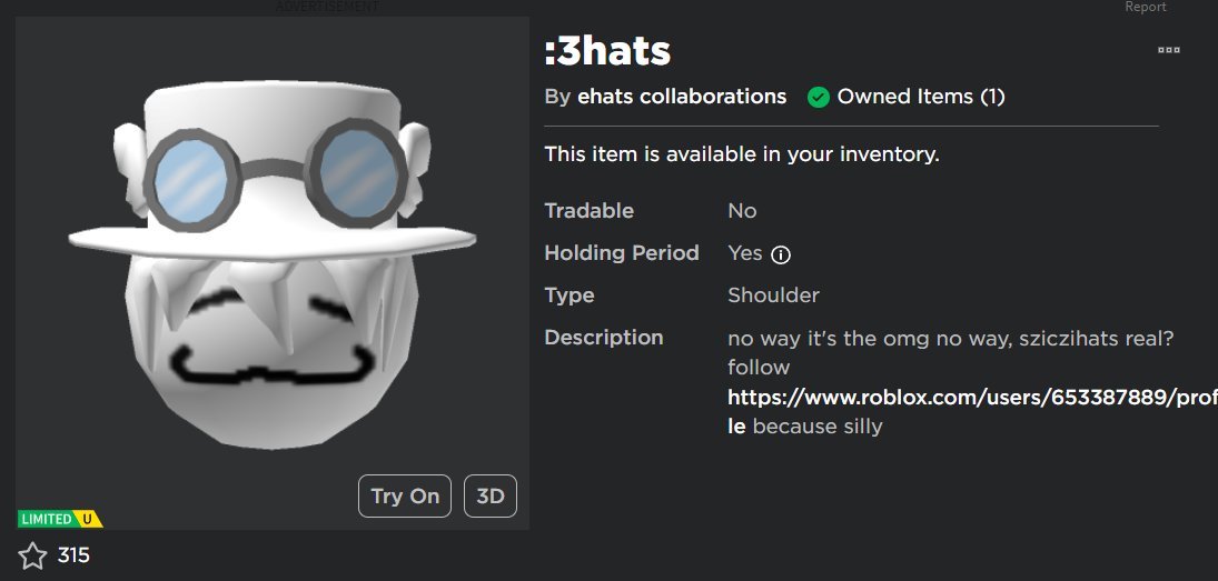 CursedOblast's tweet image. FREE ROBLOX UGC LIMITED GIVEAWAY🥳🎂🎉
:3hats!

Follow these steps to ENTER:
--🔃Retweet  
--❤️Like  
--👀Follow @PEPIJNJONAS and @Szajczi

✅ENDS TOMORROW AT 6 PM CEST 
DM PEPIJNJONAS ON DISCORD TO CLAIM 

#RTC #RobloxFreeUGC #RobloxLimitedUGC #RobloxDev #ROBLOXGiveaway #ehats