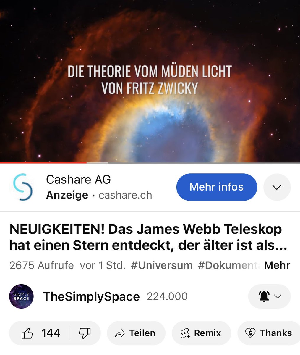 walter_winteler's tweet photo. @zwickyinstitut Herrliches vom #müden_Licht Fritz Zwickys! NEUIGKEITEN! Das #James_Webb Teleskop hat einen Stern entdeckt, der älter... https://t.co/WhtgVMPd15 via @YouTube https://t.co/LAa7M86tPy