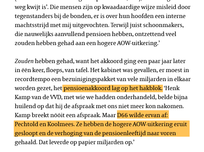 Ook saillant uit het Jongerius-Sitalsing-interview. Hoe #D66'ers sociaal en emancipatoir beleid tegenwerken:

- Koolmees tegen uitbreiding vaderschapsverlof
- Pechtold en Koolmees sloopten sociaal pensioenakkoord